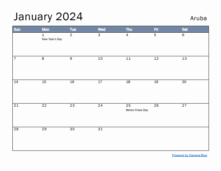 January 2024 Simple Monthly Calendar for Aruba