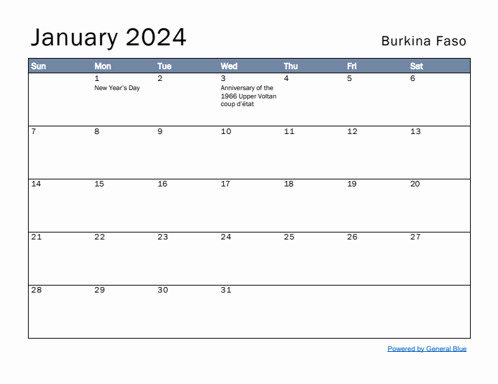 January 2024 Simple Monthly Calendar for Burkina Faso