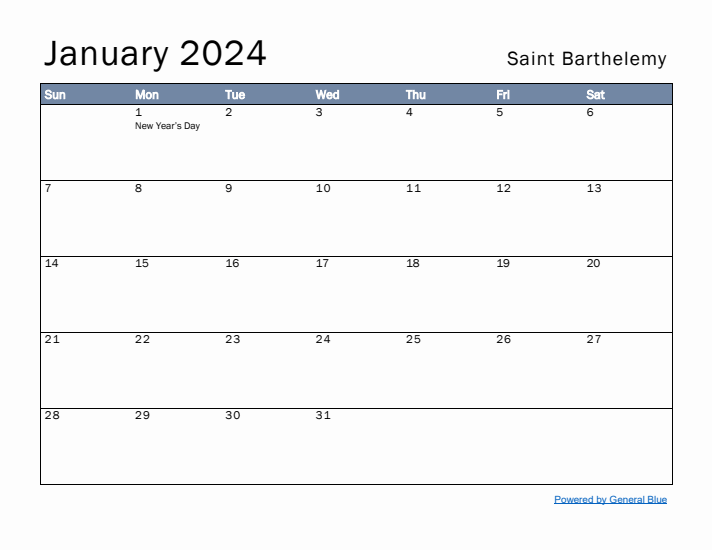 January 2024 Simple Monthly Calendar for Saint Barthelemy