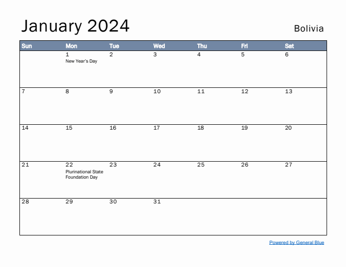 January 2024 Simple Monthly Calendar for Bolivia