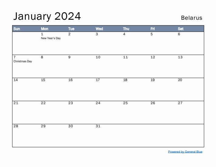 January 2024 Simple Monthly Calendar for Belarus