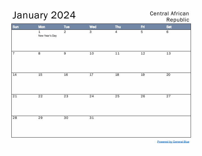 January 2024 Simple Monthly Calendar for Central African Republic