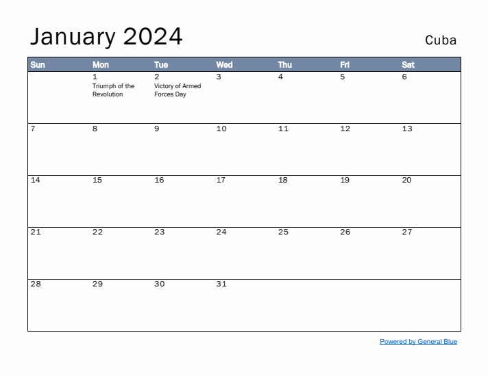 January 2024 Simple Monthly Calendar for Cuba