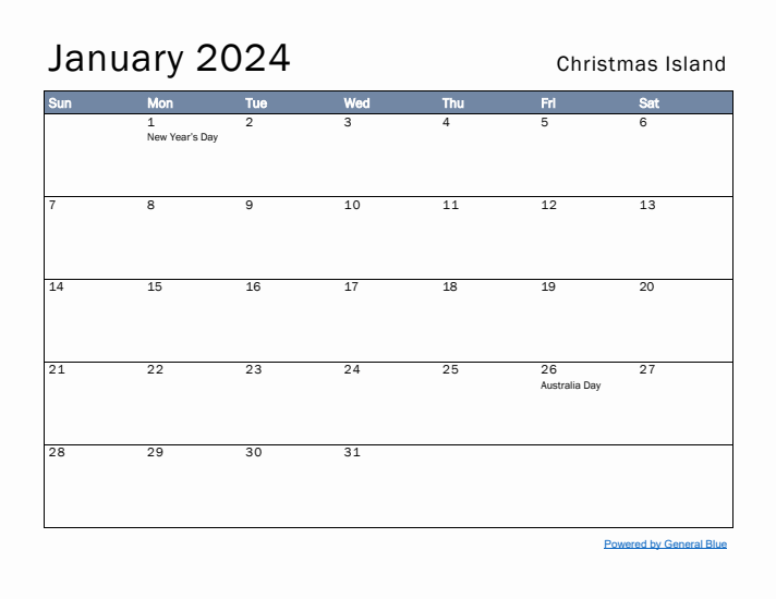 January 2024 Simple Monthly Calendar for Christmas Island