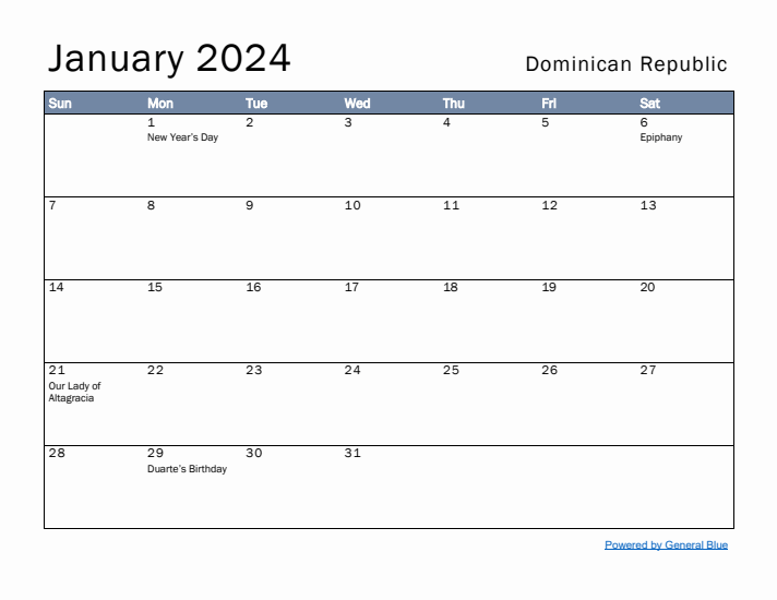 January 2024 Simple Monthly Calendar for Dominican Republic