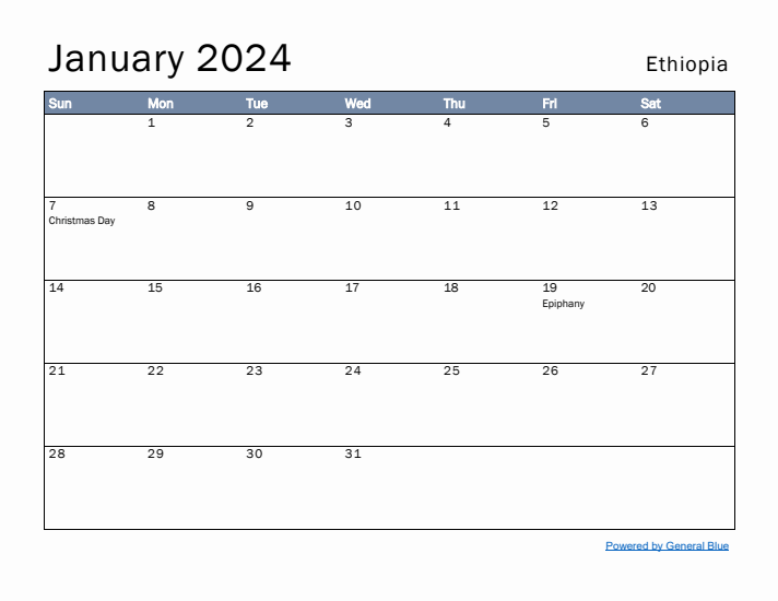 January 2024 Simple Monthly Calendar for Ethiopia