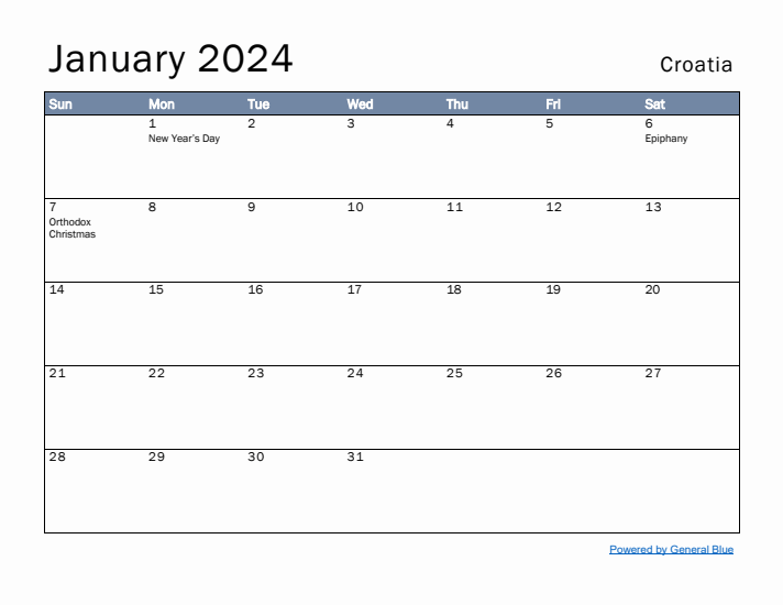 January 2024 Simple Monthly Calendar for Croatia