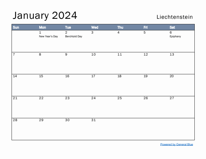 January 2024 Simple Monthly Calendar for Liechtenstein