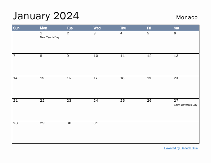 January 2024 Simple Monthly Calendar for Monaco