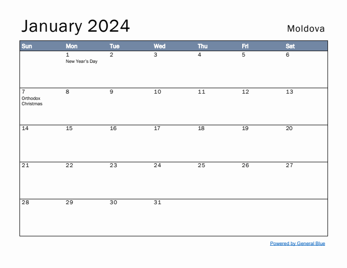 January 2024 Simple Monthly Calendar for Moldova