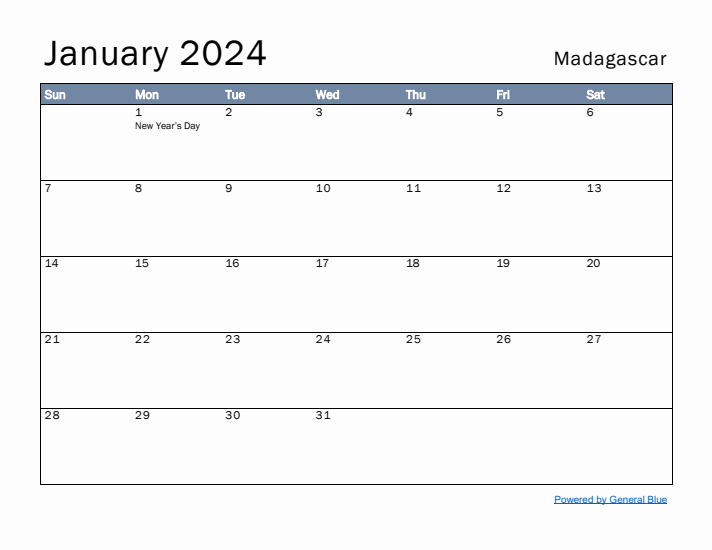 January 2024 Simple Monthly Calendar for Madagascar