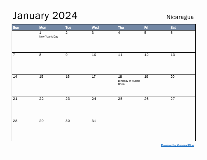 January 2024 Simple Monthly Calendar for Nicaragua