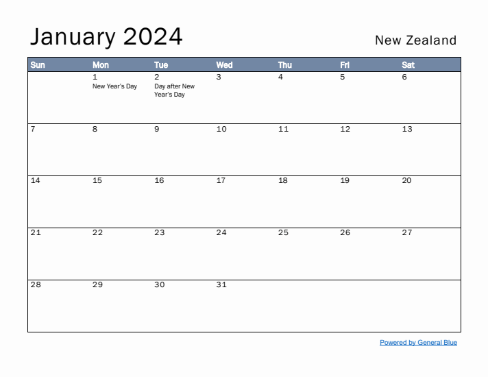 January 2024 Simple Monthly Calendar for New Zealand