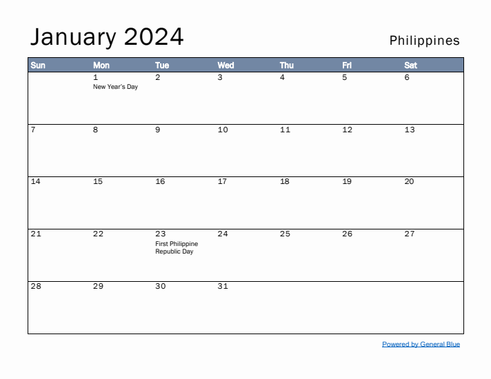 January 2024 Simple Monthly Calendar for Philippines