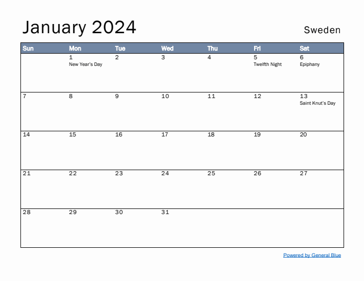 January 2024 Simple Monthly Calendar for Sweden