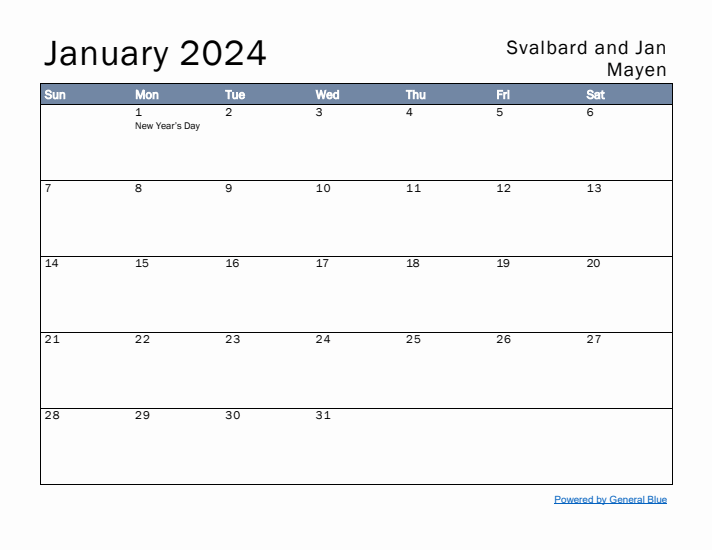 January 2024 Simple Monthly Calendar for Svalbard and Jan Mayen