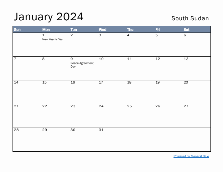 January 2024 Simple Monthly Calendar for South Sudan