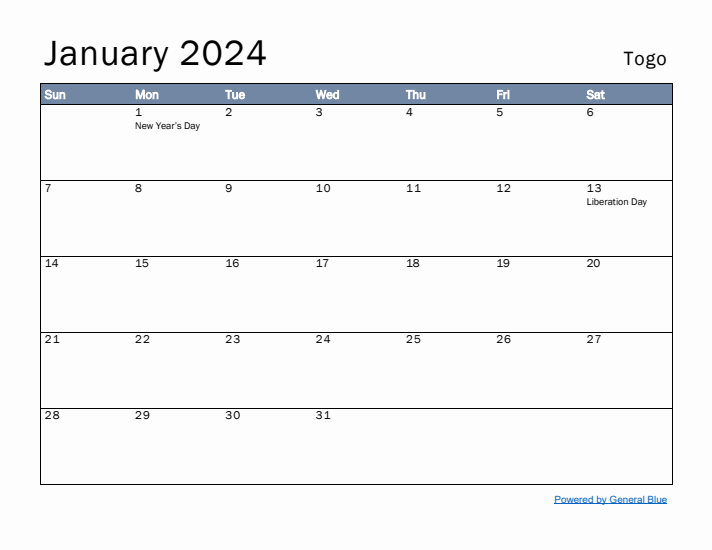 January 2024 Simple Monthly Calendar for Togo