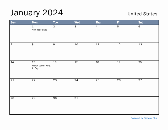 January 2024 Simple Monthly Calendar for United States