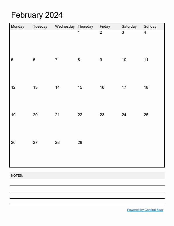 Basic Monthly Calendar Template for February 2024