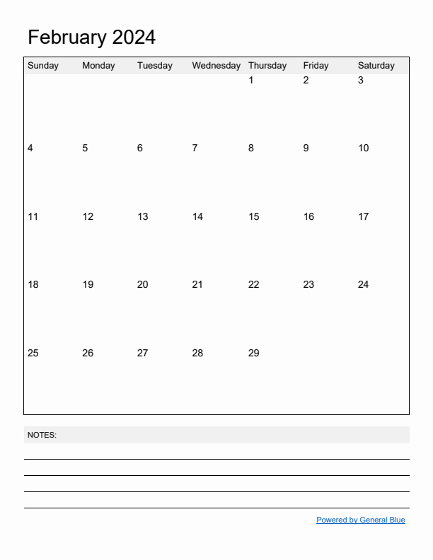 Basic Monthly Calendar Template for February 2024