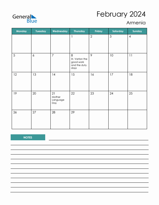 Calendar with Notes Printable - Monday Start