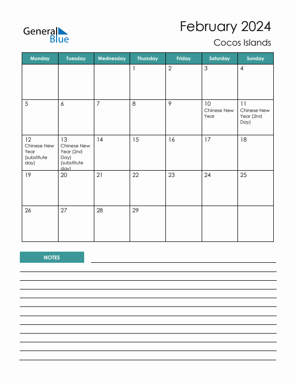 Calendar with Notes Printable - Monday Start