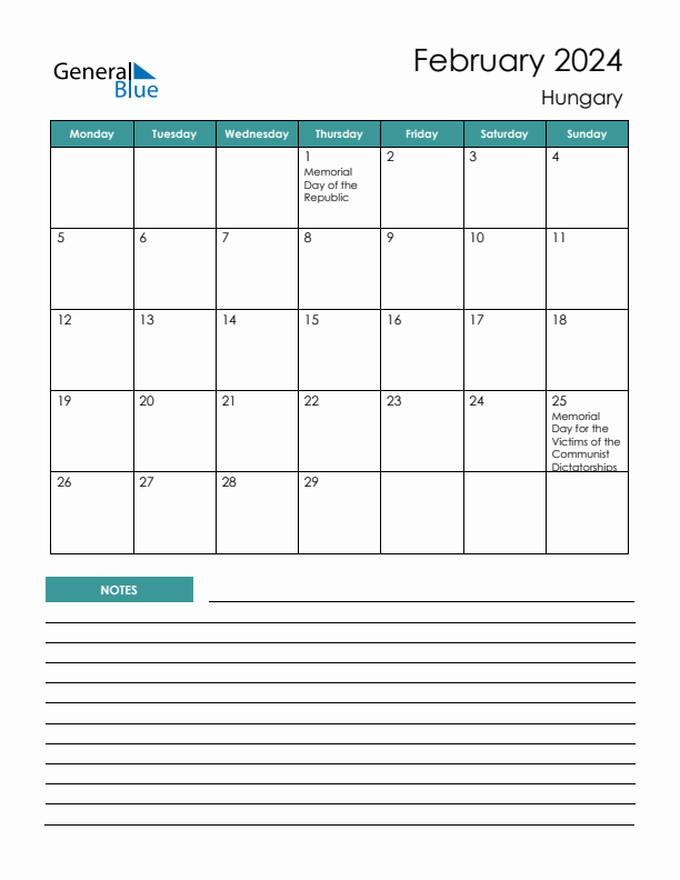 Calendar with Notes Printable - Monday Start