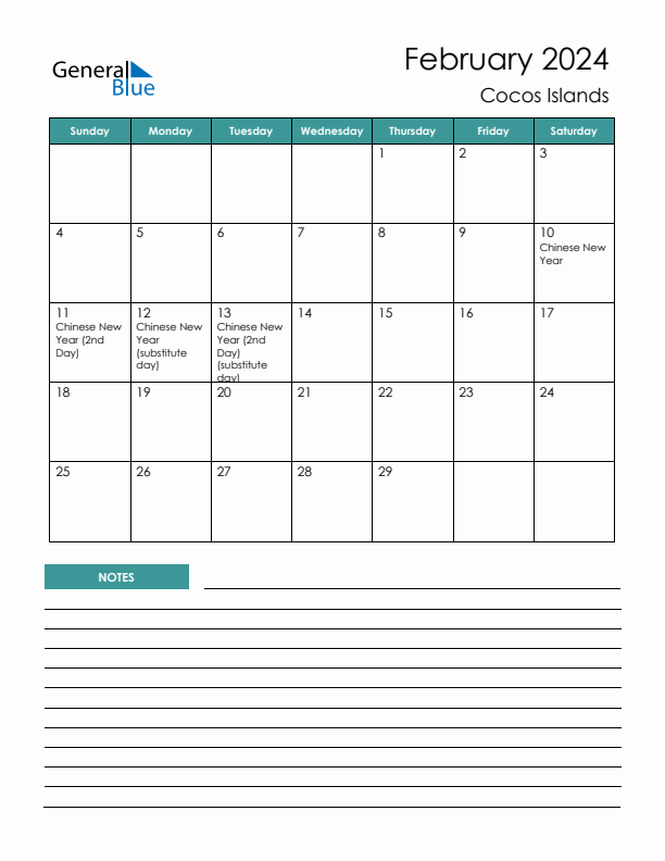 Calendar with Notes Printable - Sunday Start