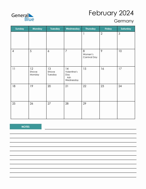 Calendar with Notes Printable - Sunday Start