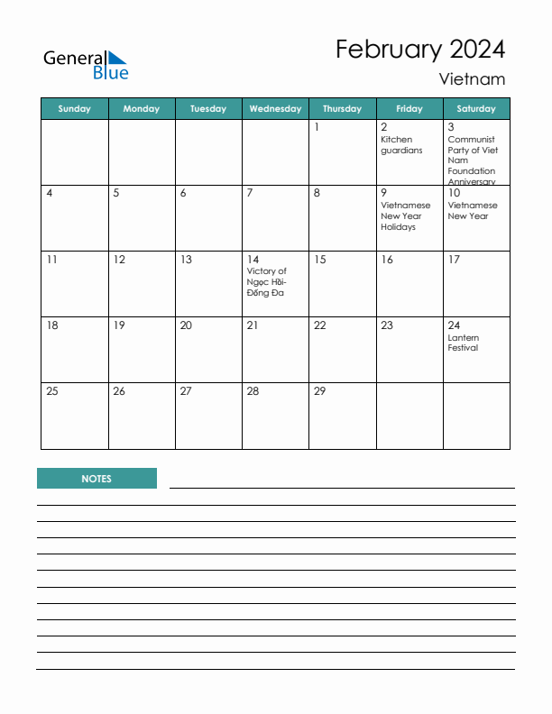 Calendar with Notes Printable - Sunday Start