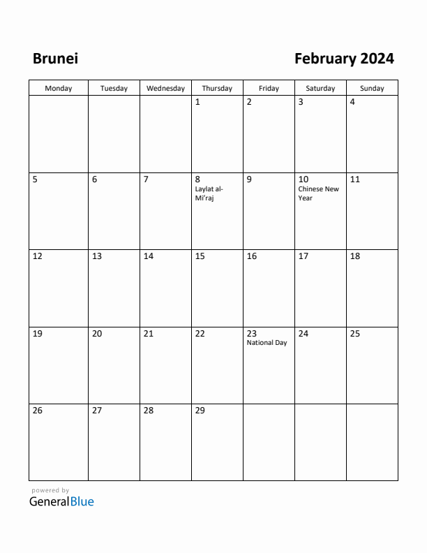 February 2024 Calendar with Brunei Holidays