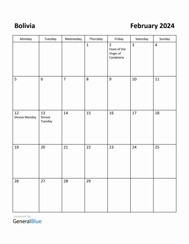 February 2024 Calendar with Bolivia Holidays