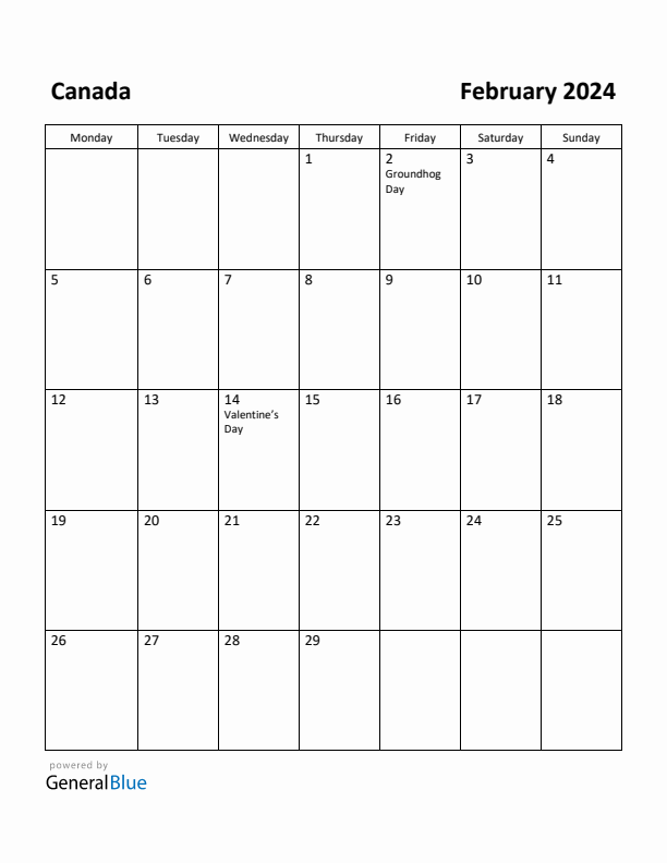 February 2024 Calendar with Canada Holidays