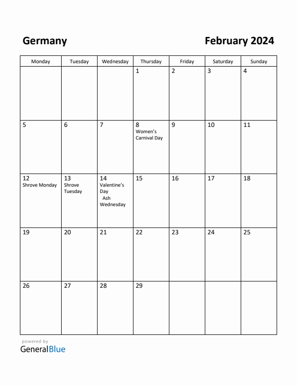 February 2024 Calendar with Germany Holidays