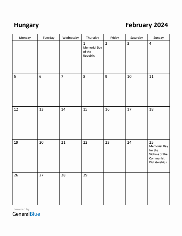 February 2024 Calendar with Hungary Holidays