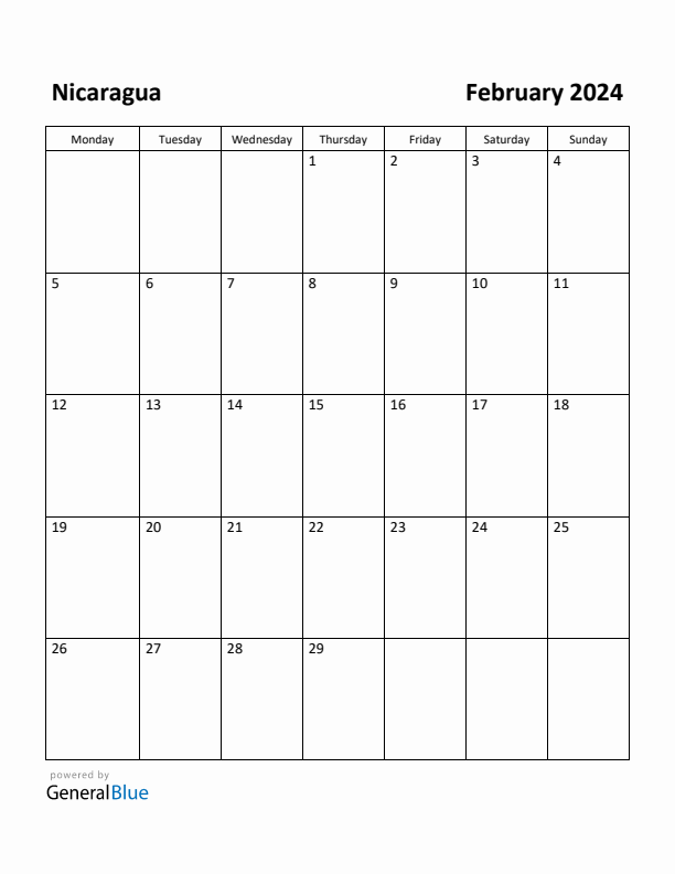 February 2024 Calendar with Nicaragua Holidays