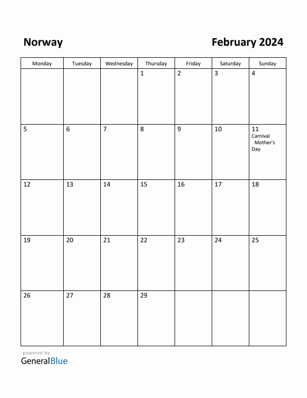 February 2024 Calendar with Norway Holidays