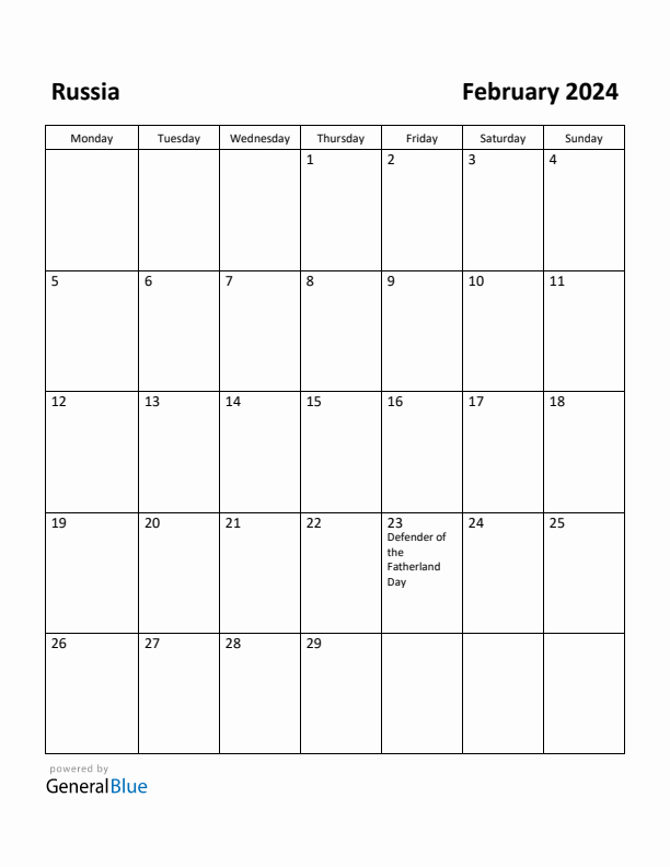 February 2024 Calendar with Russia Holidays