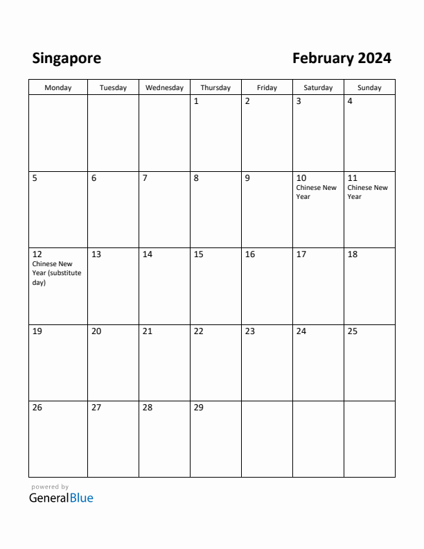 February 2024 Calendar with Singapore Holidays