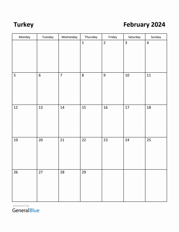 February 2024 Calendar with Turkey Holidays