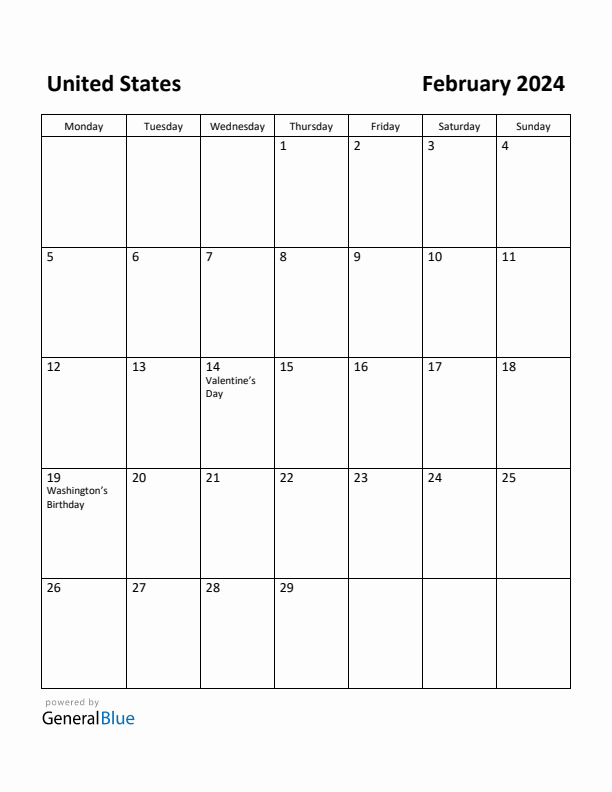 February 2024 Calendar with United States Holidays