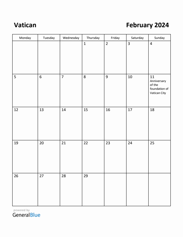 February 2024 Calendar with Vatican Holidays