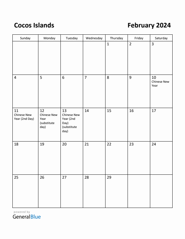 February 2024 Calendar with Cocos Islands Holidays