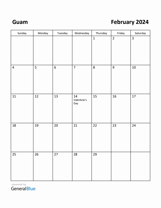 February 2024 Calendar with Guam Holidays