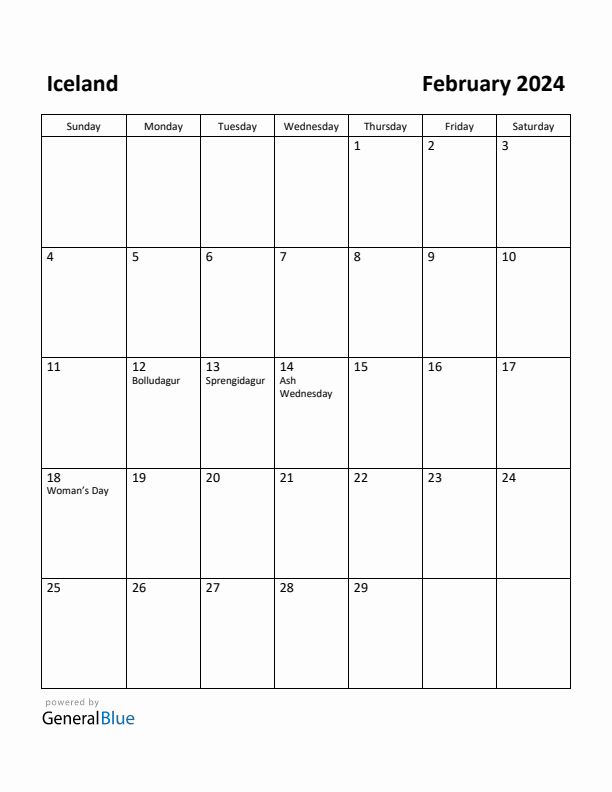 February 2024 Calendar with Iceland Holidays