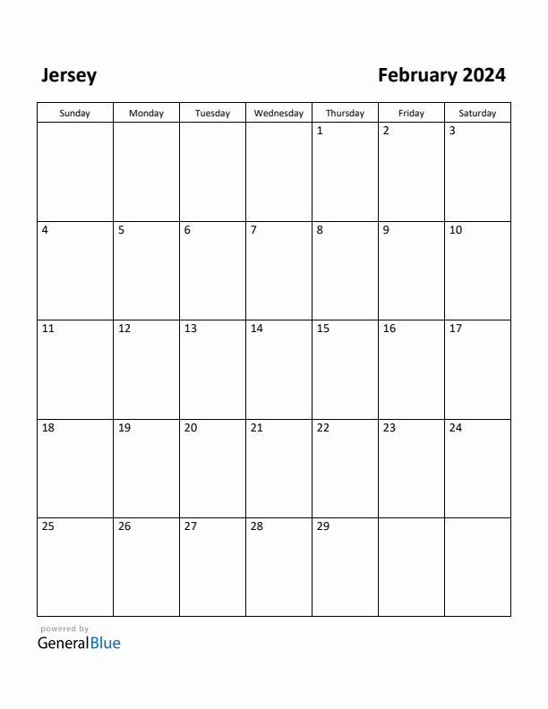 February 2024 Calendar with Jersey Holidays