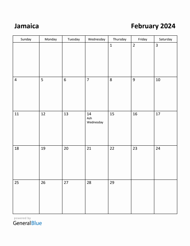 February 2024 Calendar with Jamaica Holidays