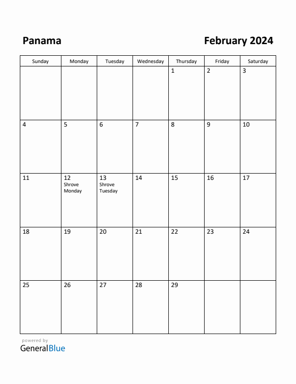 February 2024 Calendar with Panama Holidays