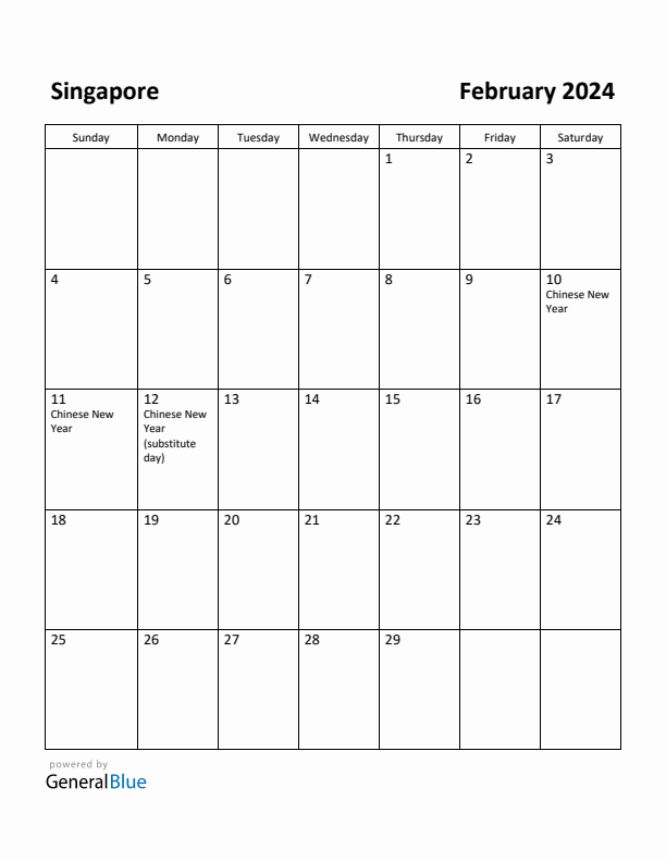 February 2024 Calendar with Singapore Holidays